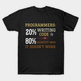 Programmer: 20% Writing code, 80% identify why it doesn't work T-Shirt